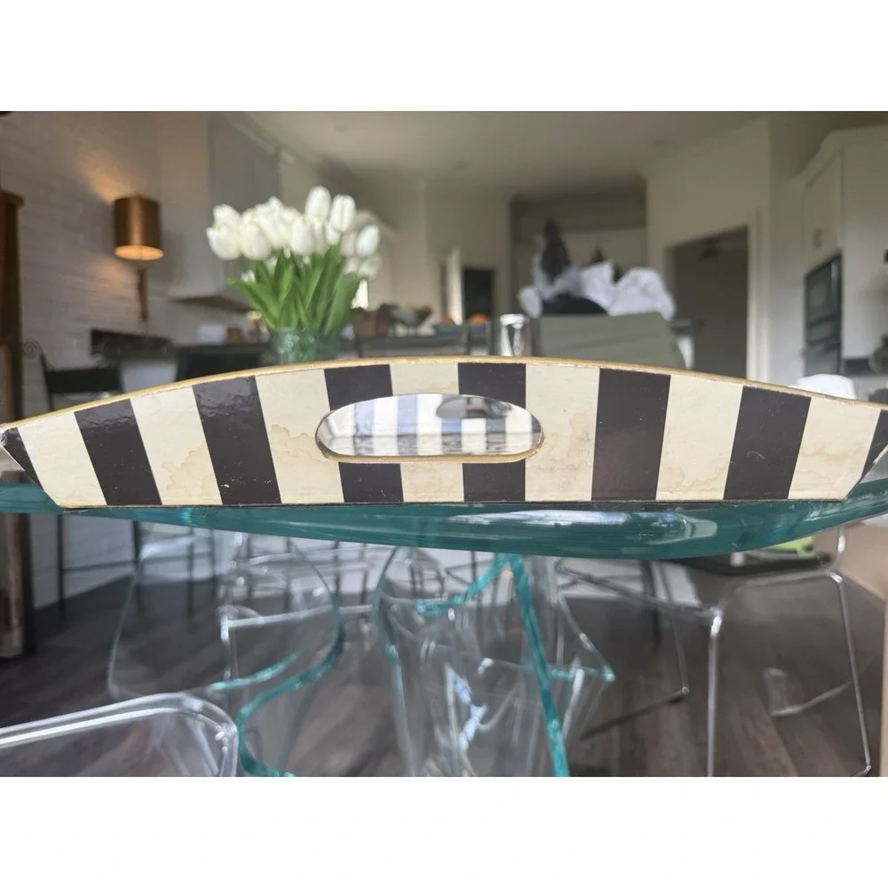 Michel Design Works Black Cream Damask Serving Tray Striped‎ Handles 20